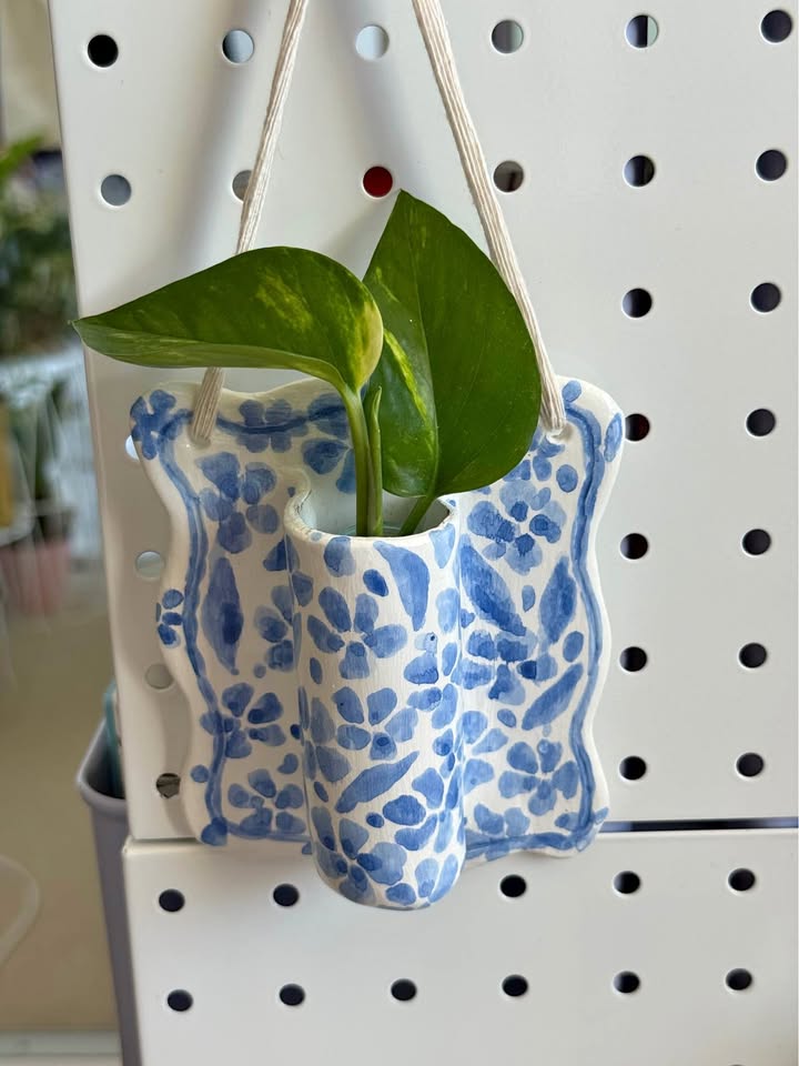 Handmade Blue and White Floral Wall Planter/ Vase